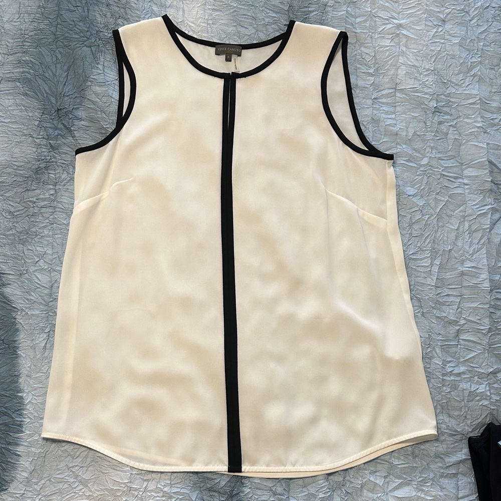 157. Vince Camuto White Sleeveless Blouse with Black Trim
